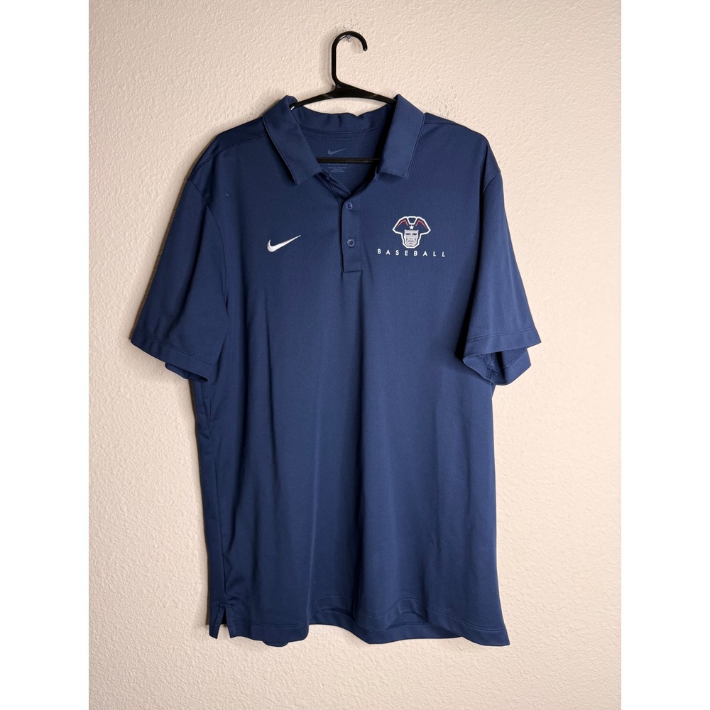 Nike Dri-Fit Polo Shirt Mens Large L Navy Blue Baseball Team Logo Short Sleeve